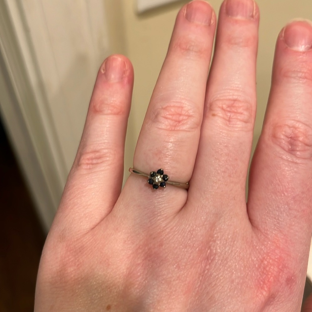 Sapphire and diamond chip ring in sterling silver, size 6